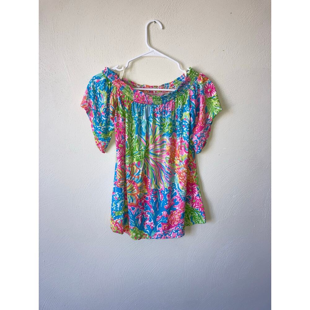 EUC Lilly Pulitzer Almeria Lovers Coral Stretch Off the Shoulder Top Bright XS - Picture 12 of 13